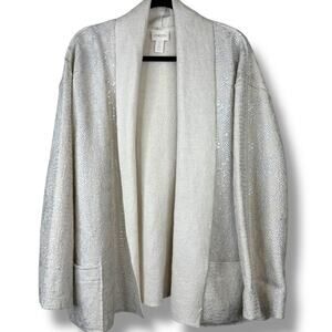 Chico's 100% Boiled Wool Open-Front Cream Silver Metallic Overlay Sweater Jacket